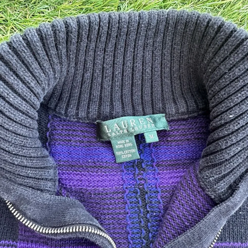 Lauren Ralph Lauren Sweater Womens Size Medium Purple Black Mock‎ Neck 1/4 Zip